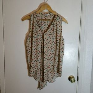 Pripe sleeveless tie feather & bird print blouse